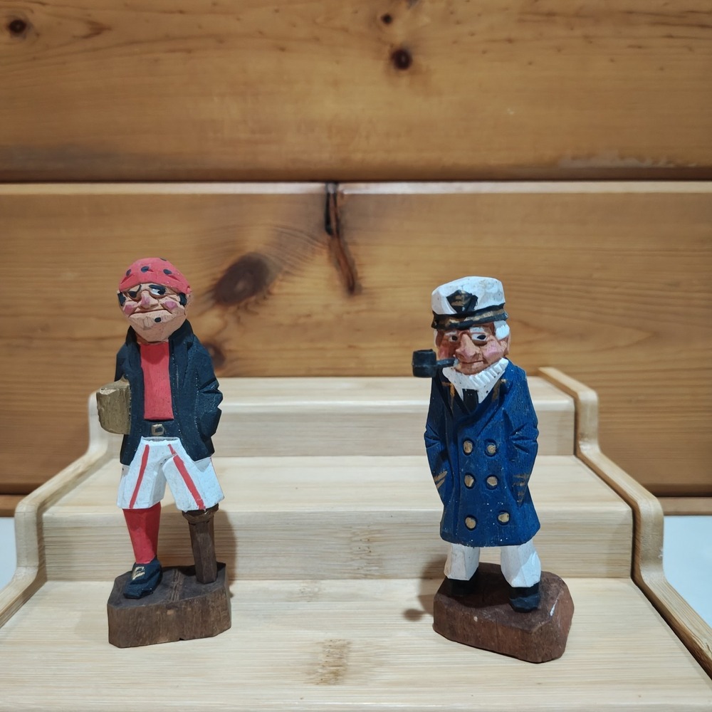 Vintage Hand Carved Wooden Sailor Captain Figurine 4" Nautical Folk Art Lot Of 2
